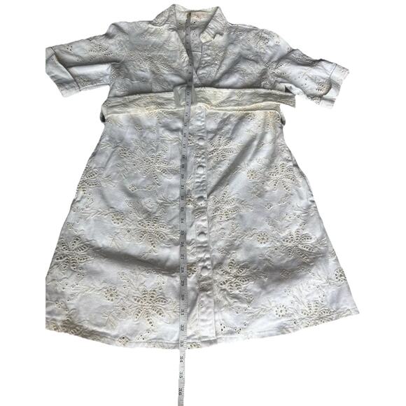 Solitaire Women Denim Dress S White Floral Belted Short Sleeve w/ Pockets - Picture 9 of 16